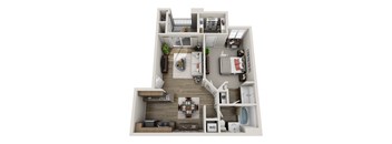 A top-down view of a small apartment with a living room, kitchen, and two bedrooms.