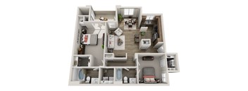 A 3D rendered image of a house layout.