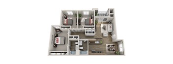 A 3D floor plan of a house with two bedrooms, a living room, a kitchen, and a bathroom.