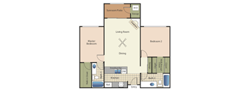 Two bedrooms two bathrooms apartment floorplan