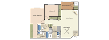 Two bedrooms two bathrooms apartment floorplan