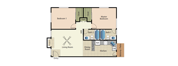 Two bedrooms two bathrooms apartment floorplan