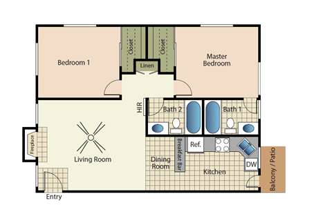 Two bedrooms two bathrooms apartment floorplan