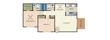 Two bedrooms two bathrooms apartment floorplan