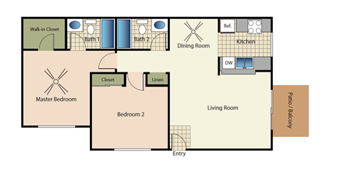 Two bedrooms two bathrooms apartment floorplan