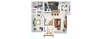 A 3D floor plan of a house showing a living room, kitchen, dining room, and bedrooms.