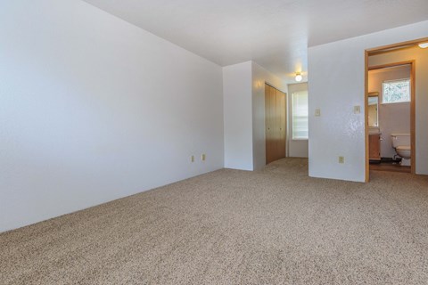 Carpeted bedroom with view to closet and bathroom.