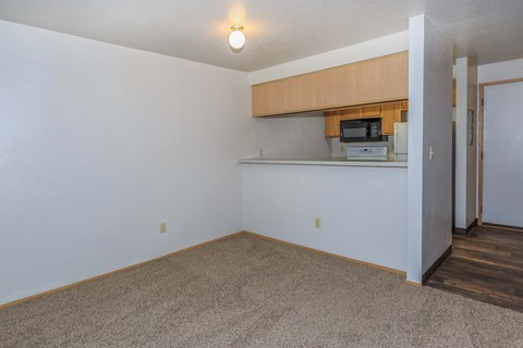 Carpeted living room with overhead light and view to kitchen with breakfast bar.