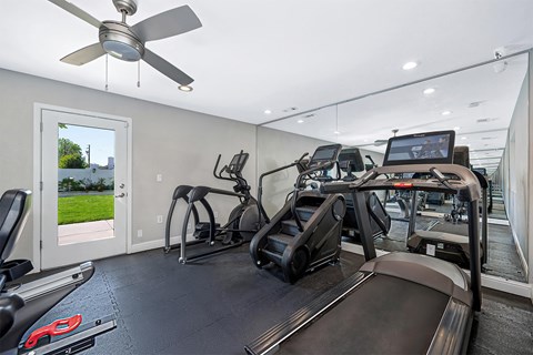 A well-equipped home gym with a treadmill, elliptical machines, and a fan.