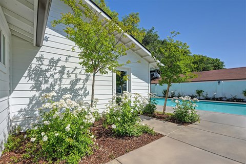 A white house with a pool in the backyard.
