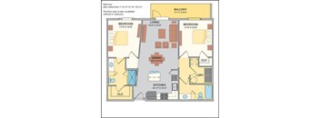 2 bedroom 2 bathroom art deco floor plan with 1011 square feet.
