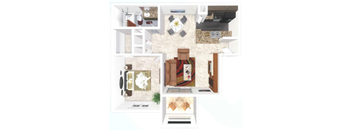 A top-down view of a small apartment with a kitchen, living room, and bathroom.