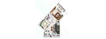 A top-down view of a house interior with a living room, dining room, kitchen, and bathroom.