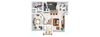 A floor plan of a house with a living room, dining room, kitchen, and two bedrooms.