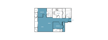 A blue and white floor plan of a house with labeled rooms.