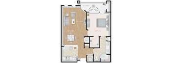 A colorized 2D floor plan of an apartment home.
