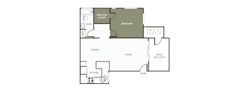 A floor plan of a house with a spacious closet, bedroom, dining area, kitchen, and a patio/balcony.