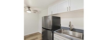 A kitchen with a black refrigerator, a stainless steel sink, and a ceiling fan.