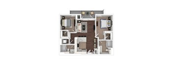 A 3D floor plan of a two bedroom two bathroom apartment