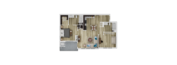 A floor plan of a small apartment with a laundry area and a walk-in shower.