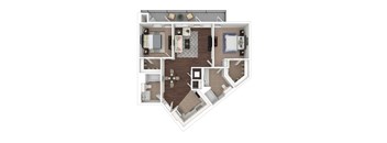 A 3D floor plan of a two bedroom 2 bathroom floor plan