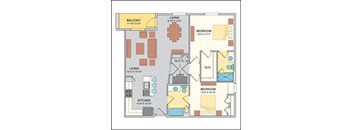 2 bedroom 2 bathroom Baroque floor plan with 1161 square feet