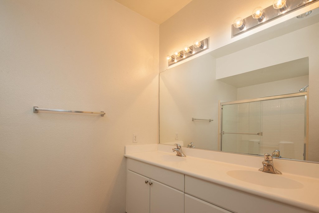 a bathroom with a sink and a mirror and a shower