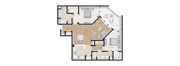 A colorized 2D floor plan of an apartment home.