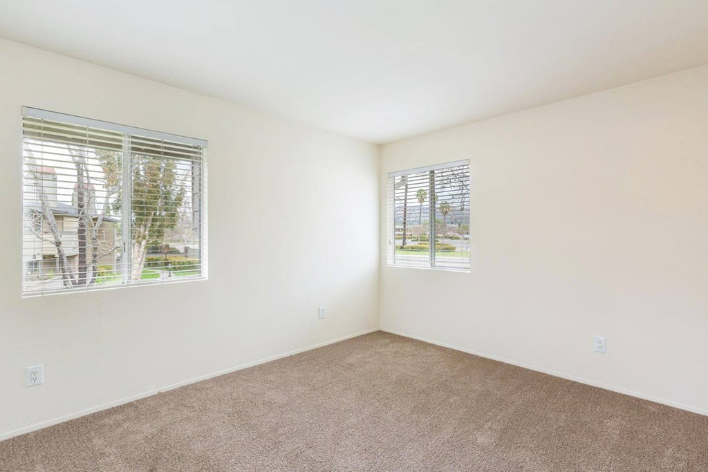 a living room with two windows and carpet