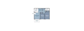 A floor plan of an apartment with a living room, two bedrooms, a kitchen, a dining room, and a bath.