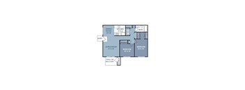 A floor plan of a home with a living room, dining room, kitchen, and two bedrooms.