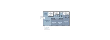 A floor plan of a house with a living room, two bedrooms, a bathroom, a kitchen, a dining room, and a spacious closet.
