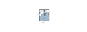 A floor plan of a small apartment with a living area, kitchen, and bathroom.