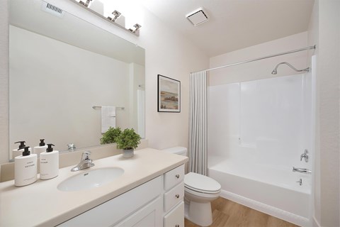 A white bathroom with a sink, toilet, and shower.