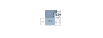 A floor plan of a small apartment with a bedroom, living room, and kitchen.
