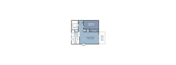 A floor plan of a small apartment with a living room, dining room, kitchen, bathroom, bedroom, and closet.