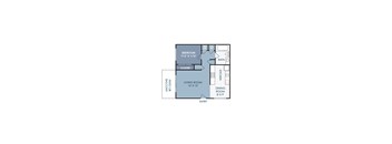 A floor plan of a small apartment with a bedroom, living room, kitchen, and dining room.