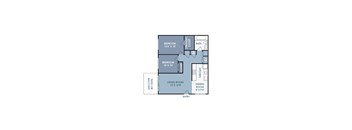 A floor plan of a small apartment with two bedrooms, a living room, a dining room, a kitchen, a bathroom, a balcony, and a space for a closet.