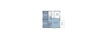 A floor plan of a small apartment with two bedrooms, a living room, a dining room, a kitchen, and a balcony.