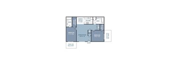 A floor plan of a house with a living room, two bedrooms, a bathroom, a dining room, a kitchen, and a patio or balcony.