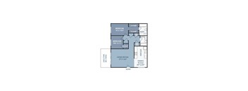 A floor plan of a house with two bedrooms, a living room, a dining room, a kitchen, and a pantry or balcony.