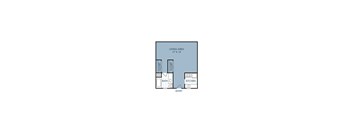 A floor plan of a small apartment with a living area, kitchen, bathroom, and entry.