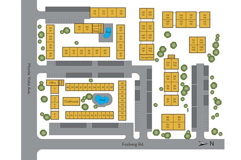 A map of a street with a clubhouse in the middle.