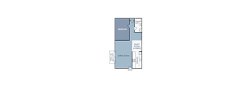 A floor plan of a house with a bedroom, living room, kitchen, and bathroom.