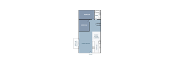 A floor plan of a house with two bedrooms, a living room, a family room, a kitchen, a bathroom, and an entry.