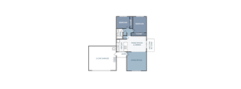 A diagram of a house layout with two bedrooms, a family room, a living room, a 2-car garage, and a patio or backyard.