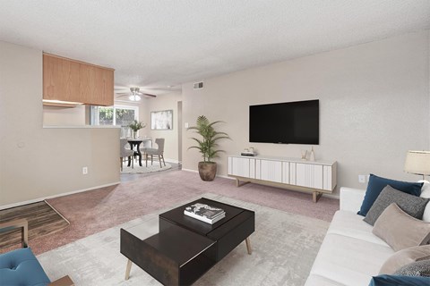 A living room with a white couch, a coffee table, and a television.