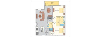 2 bedroom 2 bathroom Bristol floor plan with 1285 square feet.