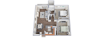 A 3D floor plan of a house showing a kitchen, living room, and two bedrooms.