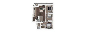 A 3D floor plan of a three bedroom two bathroom apartment